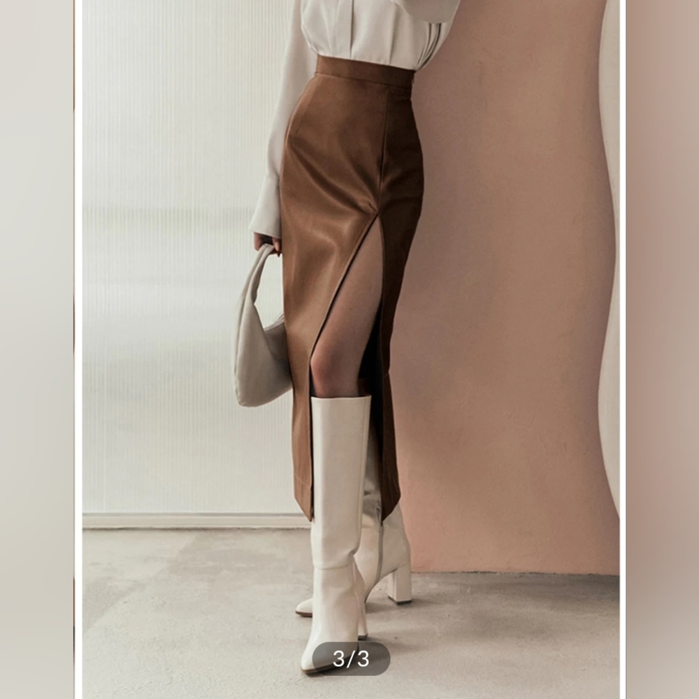 Commense Quiet Luxury Faux Leather Slit Midi Skirt